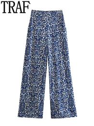 Women's Pants Capris TRAF Blue Print Wide Leg Pants Women High Waisted Trousers Women Casual Baggy Pants Woman Fashion Summer Women's Pants Set 231020