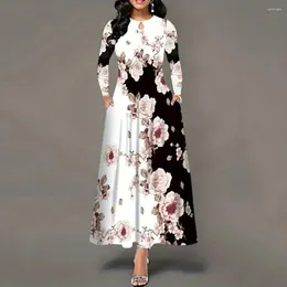 Casual Dresses Round Neck Maxi Dress Flower Print A-line Loose Hem Long Sleeve Tight Waist Hollow Color For Prom