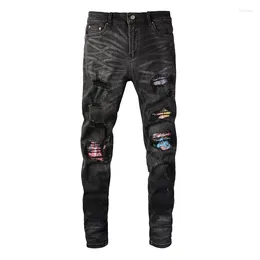 Men's Jeans Black Distressed Destroyed Holes Italian Drip Colorful Pachwork Slim Fit Stretch Ripped