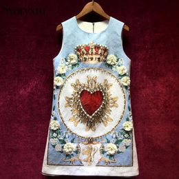 Svoryxiu Runway Custom Summer Jacquard Dress Women's Luxurious Beading Crystal Appliques Printed Party Sleeveless Short Dress2363