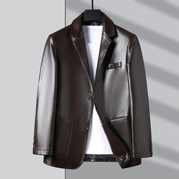 Men's Leather Faux Leather Men Jacket With Pocket Stylish Button Cuffs Lapel Collar Spring Autumn Fake Leather Men Coat For Outdoor Business 231019