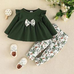 Clothing Sets Dark Green -sleeve Waist Floral Bow Top Pattern Pants Pastoral Style Children's Two-piece Set Baby Girl Outfit