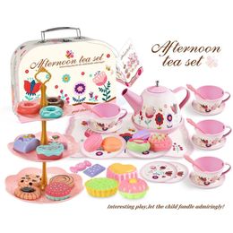 Kitchens Play Food Children Play House Simulated Afternoon Tea Toy Set Girl Kitchen Teapot Tinplate Tea Party Cake Dessert Kids Christmas Gifts 231019