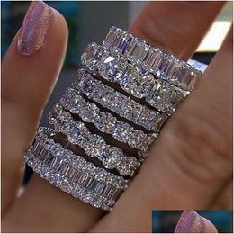 Cluster Rings Sier Pave Setting Fl Square Simated Diamond Cz Eternity Band Engagement Wedding Stone Size 5 6 7 8 9 10 11 Drop Delive Dhqd7