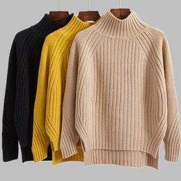 Women's Knits Tees ABRINI Women Solid Mock Neck Loose Pullover Sweaters Knit Split Stripe Jumpers Autumn Winter For Casual Office Sweater 231020