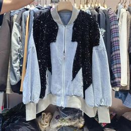 Women's Jackets Fashion Sequins Denim Jacket For Women Autumn Winter Korean Loose Stylish Female Outerwear Y4500