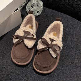 Dress Shoes Loafers Winter Women Suede Leather Round Toe Slip On Warm Bowknot Decoration Ladies Flat 231019