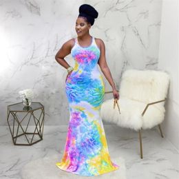 Casual Dresses Rainbow Tie Dye Print Summer Mermaid Long Dress Women Sleeveless Back Cut Out Party Elegant Female Bandage Bodycon277Z