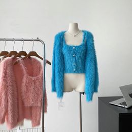 Women's Knits Elegant Fuzzy Two Pieces Cardigan Set Lady Faux Fur Long Sleeve Single Breasted Loose Outwear Tank Top