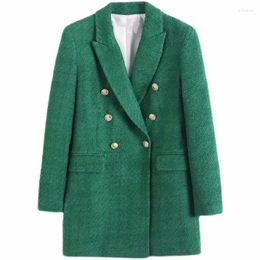 Women's Suits Spring Autumn Tweed Blazer Coat Casual Double-Breasted Mid-Length Suit Jacket Ladies Fashion Loose Overcoat H2850