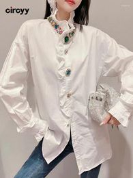 Women's Blouses Circyy White Blouse Women Shirts Beading Diamonds Button Up Shirt Ruffles Stand Collar Vintage Lantern Sleeve Solid Casual