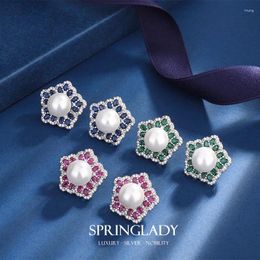 Pendant Necklaces SpringLady 2023 Trend 10MM White Pearl Ruby Emerald Sapphire Stud Earrings For Women Fine Jewellery Charms Anniversary