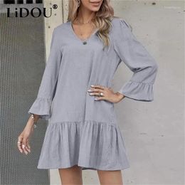 Casual Dresses Spring Autumn V-neck Loose 3/4 Flare Sleeve Mini Dress Ladies Cotton Linen Solid Colour Vestido Female Fashion Simple Robe