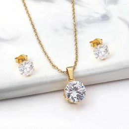Necklace Earrings Set Fashion Stainless Steel Cubic Zircon Stone Jewelry With Gold/Silver Color Wholesale Drop