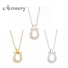 Pendant Necklaces Moonmory 100% 925 Sterling Silver Three Colour Horseshoes Pendant Necklaces For Women Clear Zircon Japan Men Jewellery Wholesale 231020