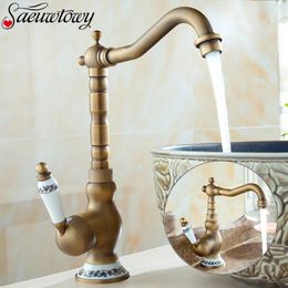 Kitchen Faucets Antique Brass Ceramic Handle Basin Faucet Rotatble Bathroom Cold Mixer Crane 231019