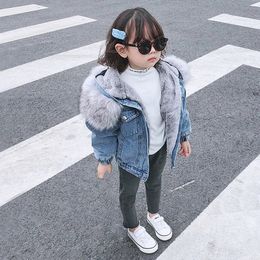 Jackets Baby Girl Deinm Jacket Winter Toddler Kids Faux Fur Hooded Fleece Warm Denim Coat 110Years Children Thick Outwear Coat Overcoat 231019