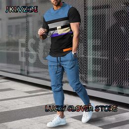 Men's Tracksuits Men Blue Stripe T-Shirt Trousers Set Summer Tracksuit Casual 2 Pieces Printing Streetwear Suit Vintage Clothing