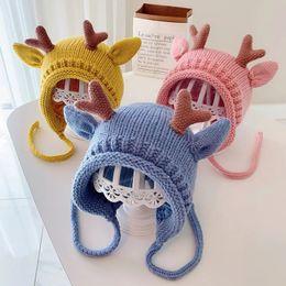 Caps Hats Cute Elk Antlers Baby Hat Winter Warm Knitted Baby Boy Girl Cap Ear Protection Hats Solid Color Kids Children Cap Beanies bonnet 231019