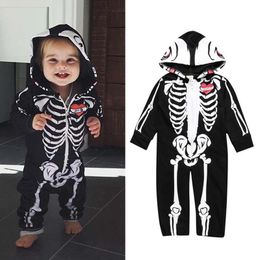 Rompers Baby Kids Halloween Clothing Skull Print Toddler Boys Girls Rompers Hooded Jumpsuit Bebe Skull Trick Clothes Zipper Outfits 231020