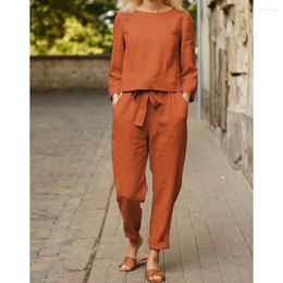 Women's Two Piece Pants Cotton And Linen Summer Matching Set O-neck Long-sleeved Blouse Retro 2023 Solid Color Trousers 2PC Suits