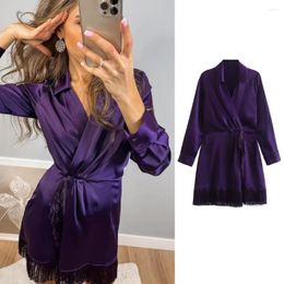 Casual Dresses 2023 European And American Summer Fashion Lapel Waist Tassel Decoration Satin Texture Purple Dress 2081845