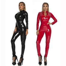 Sexy PU Latex Catsuit Women Black Red Wetlook Faux Leather Jumpsuits Shinning Costume Zipper Open Crotch Canvas307A