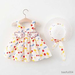 Clothing Sets Baby Girls Sweet Cute Cherry Print Cami Dress With Wings Decoration Sun Hat Set For Summer Holiday