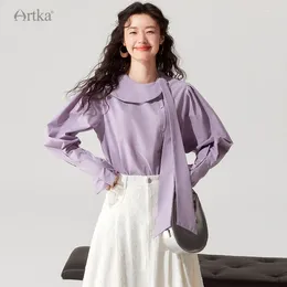 Women's Blouses ARTKA 2023 Autumn Women Blouse French Elegant Lace Up Skew Collar Shirts Long Puff Sleeve Loose Violet Shirt Female SA92239Q