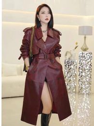 Women's Trench Coats Autumn Faux Leather Coat For Women Raglan Long Sleeve Double Breasted Korean Fashion Clothing Streetwear Winter