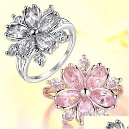 Band Rings Cute Female Pink Crystal Stone Finger Ring Charm Sier Color Thin Wedding For Women Bride Flower Zircon Engagement Bands D Dhe7S