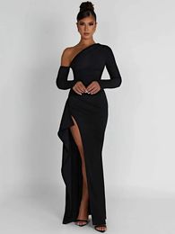 Basic Casual Dresses Mozision Oblique Shoulder Thigh High Split Maxi Dress Women Long Sleeve Backless Bodycon Sexy Club Party Long Dress Vestidos 231020