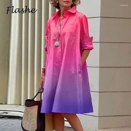 Casual Dresses Spring Summer Shirt Dress Women Turn Down Collar Long Sleeve Tie Dye Printing Midi For Elegant Pocket Holiday Robe