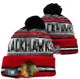 Men's Caps Hockey ball Hats BLACKHAWKS Beanie All 32 Teams Knitted Cuffed Pom CHICAGO Beanies Striped Sideline Wool Warm USA College Sport Knit hats Cap For Women a0