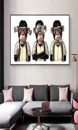 Canvas Painting Three Monkeys Gorilla with Money Posters and Prints Animal Pictures Abstract Cuadros Wall Art for Living Room Mode2710179