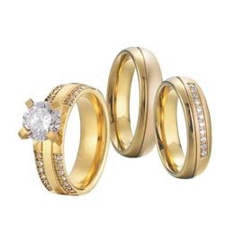 Wedding Rings Luxury 3pcs 18k Gold Plated Couple Wedding Rings Set for Men and Women Love Alliance CZ diamond Engagement Ring Marriage 231020
