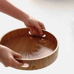 Round Serving Bamboo Wooden Tray for Dinner Trays Bar Breakfast Container Handle Storage 1020