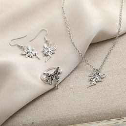 Pendant Necklaces 4pcs/set Retro Silver Colour Angel Necklace For Women Creative Colourful Fairy Dripping Oil Summer Earrings Rings Jewellery