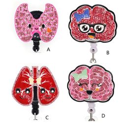 Cute Key Rings Pink Red Heart Brain Crystal Rhinestone Medical Doctor ID Badge Holder Retractable Reel For Decoration2956