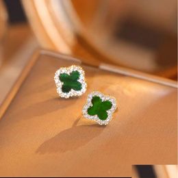 Stud Leaf Studs Earrings For Women Girls Fashion Luxury Rhinestone Flower 925 Sier Needle Ear Jewellery Black Green White Red Four Leave Dhr0L