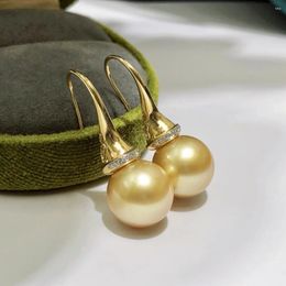 Dangle Earrings Fine Jewellery Pure 18K Yellow Gold Natural 11-12mm Ocean Salt Water Golden Round Pearl For Women