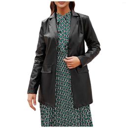 Women's Suits Ladies Spring Autumn Winter Long Sleeve Black Lapel Single Breasted PU Leather Mature Coat