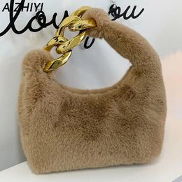 Evening Bags Faux Fur Top Handle Bag for Women Handbag Plush Winter Bag Luxury Designer Furry Purse Hobos Fluffy Half Moon Clutch Evening Bag 231019