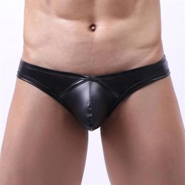 Underpants Mens Bulge Pouch Underwear Faux Leather Sexy Thongs Briefs Panties Male Swimwear Lingerie Low Waist249D