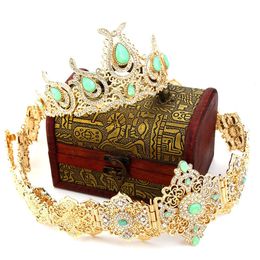 Other Fashion Accessories Sunspicems Mint-Green Crystal Algeria Women Belt Crown Sets Gold Colour Arabic Wedding Jewellery Morocco Caftan Belt Chain Tiaras 231019