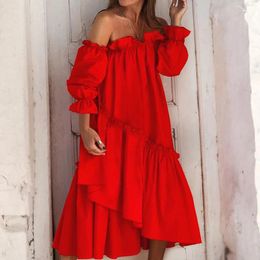 Casual Dresses Women Loose Fitting Off Shoulder Dress Ruffle Edge Tiered Layer Long Sleeved Irregular Vestidos