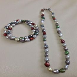 Hand made natural beautiful multicolor 8-9mm baroque freshwater cultured pearl necklace 18 bracelet set fashion jewelry181h