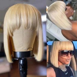 IUPin Honey Blonde Bob Wig With Bangs Brazilian Hair Wigs For Women Remy Full Machine Short Lace Closure