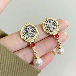 Hoop Earrings S925 Silver Needle Personalized Trendy Pearl French Embossed Ancient Coin Alloy Resin Old Design Party Jewelry Gifts