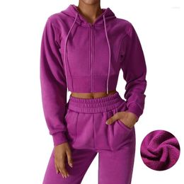 Active Shirts Casual Loose Fitting Long Sleeved Sweater Jacket With Zipper Yoga Hoodie Plush Insulation Hood Fitness Sports For Women